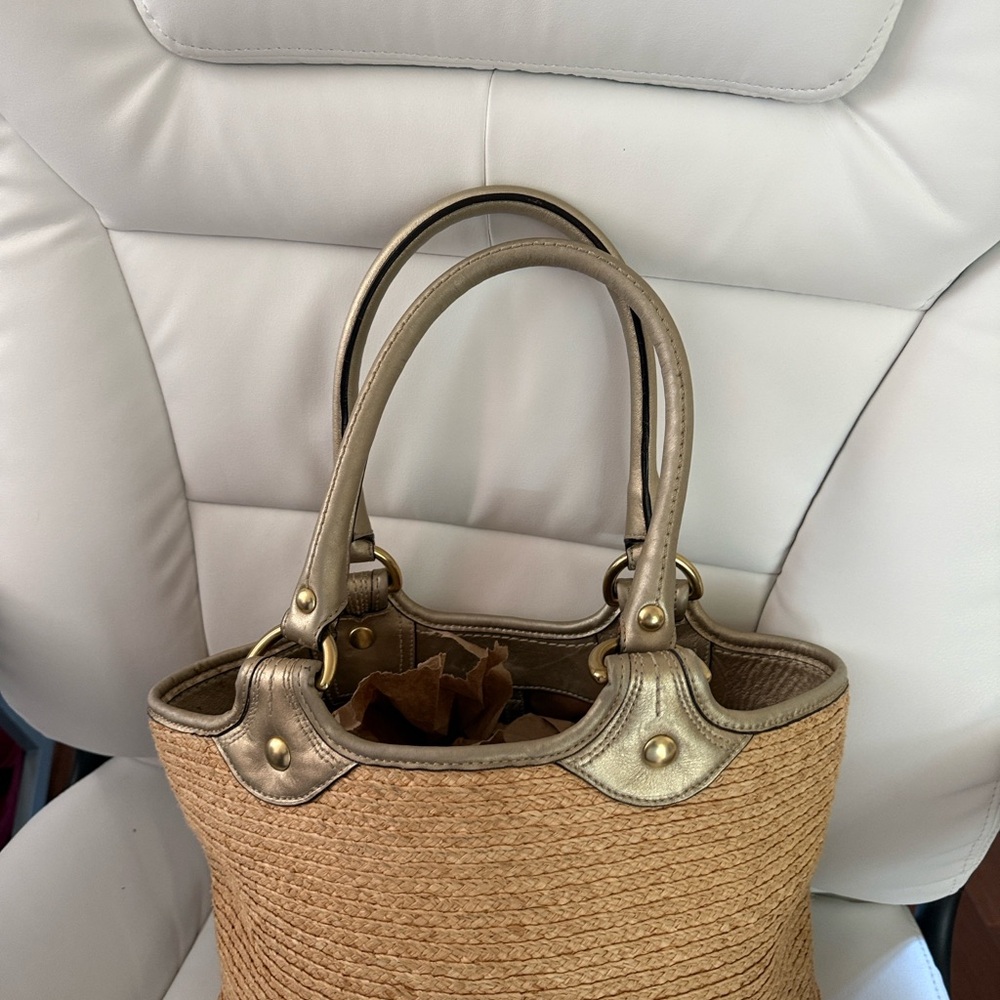 Straw Woven Coach Bleeker handbag-Flower Accent. Naturally woven. - Picture 7 of 14